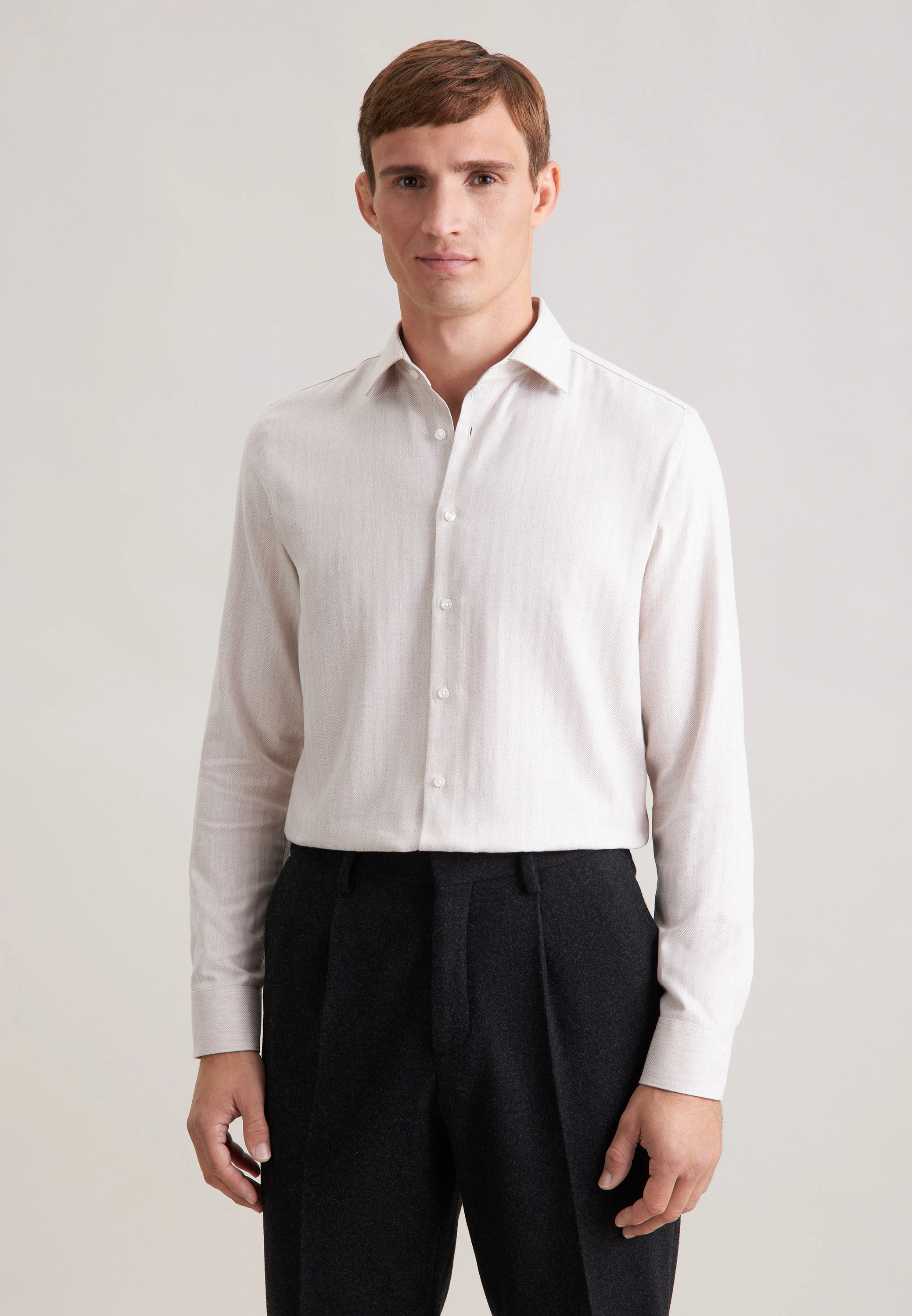 Slim Flanellhemd Fischgrat Beige 44