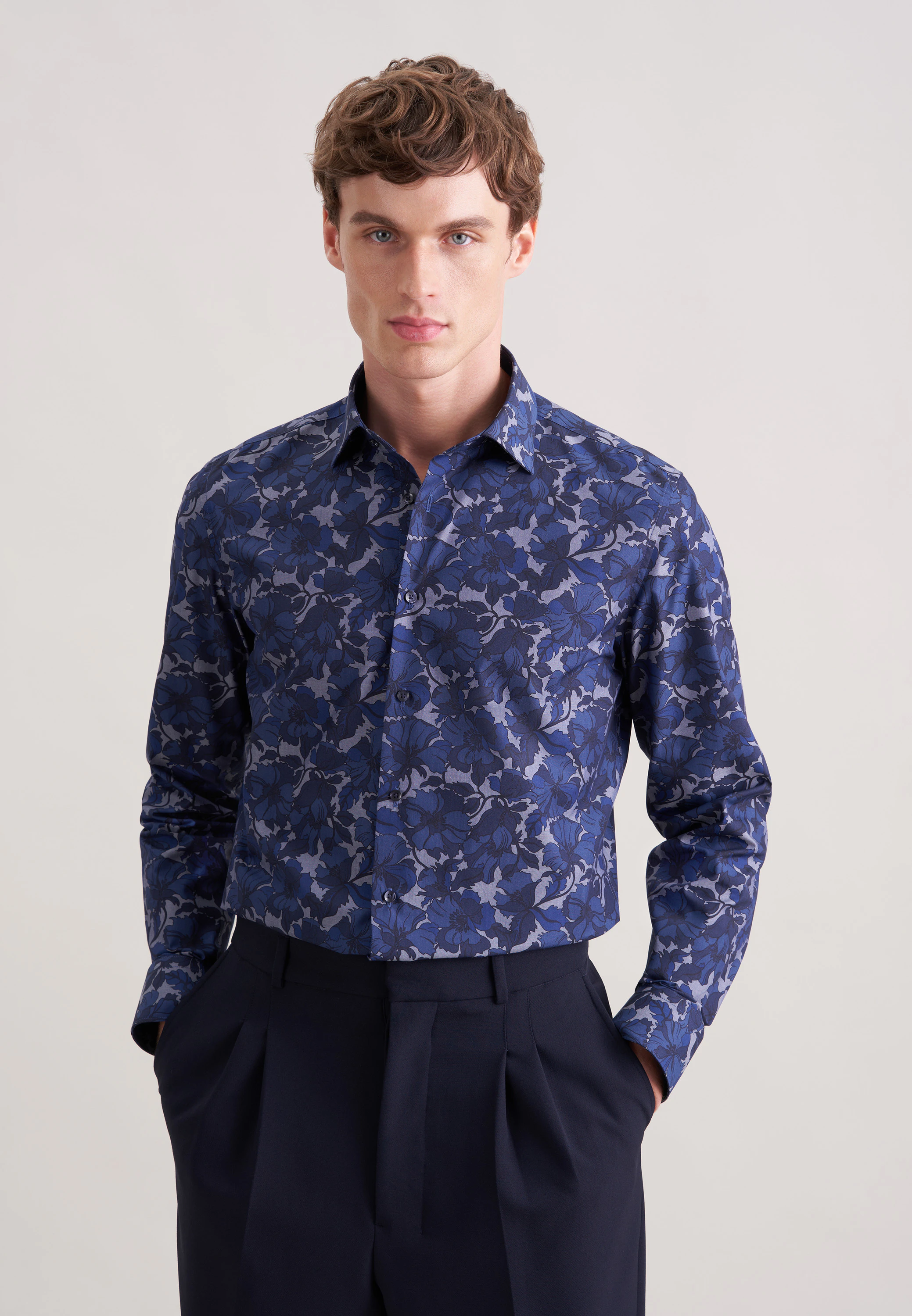 Slim Business Hemd Druck Blau 44