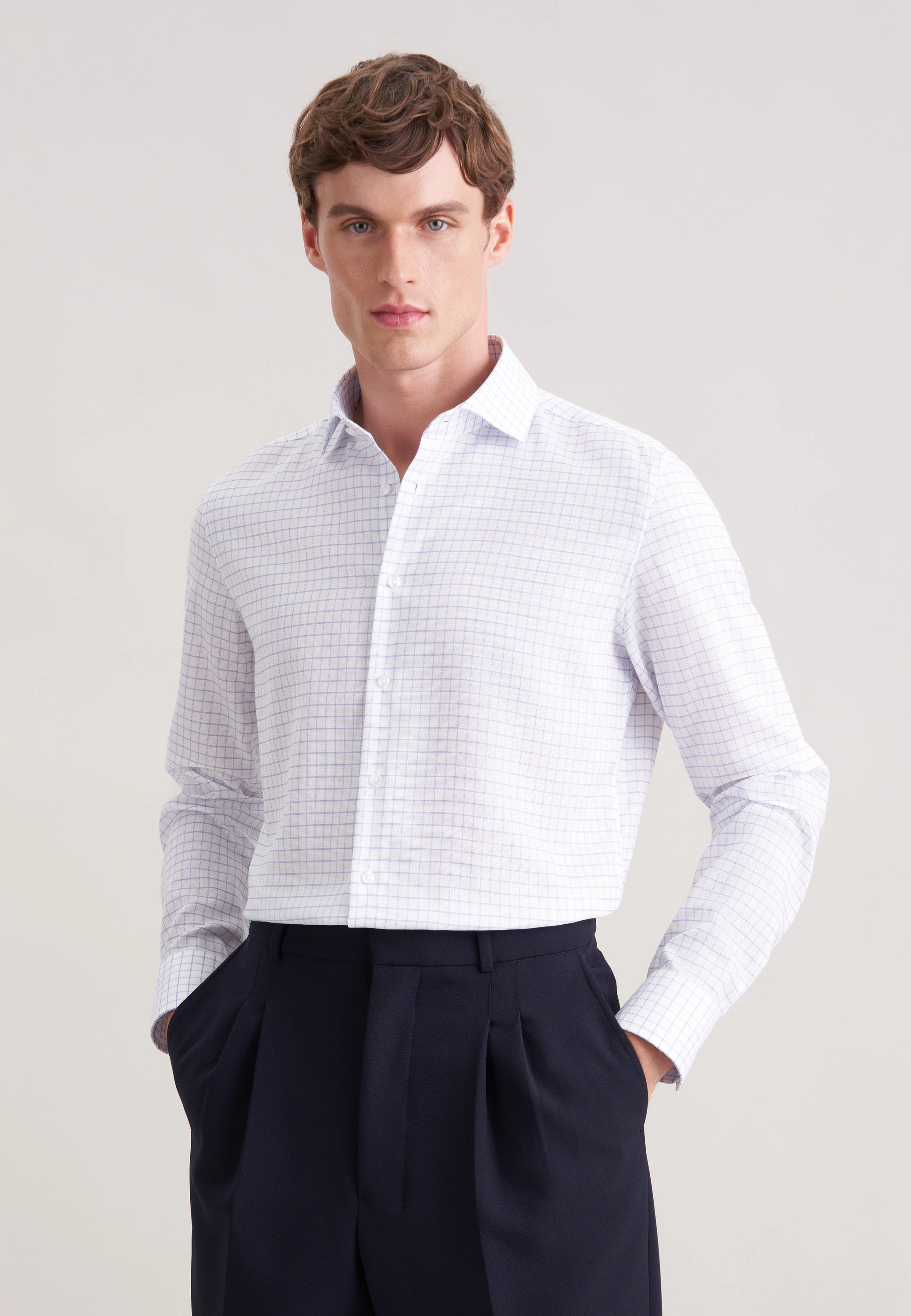 Shaped Business Hemd Karo Blau 40