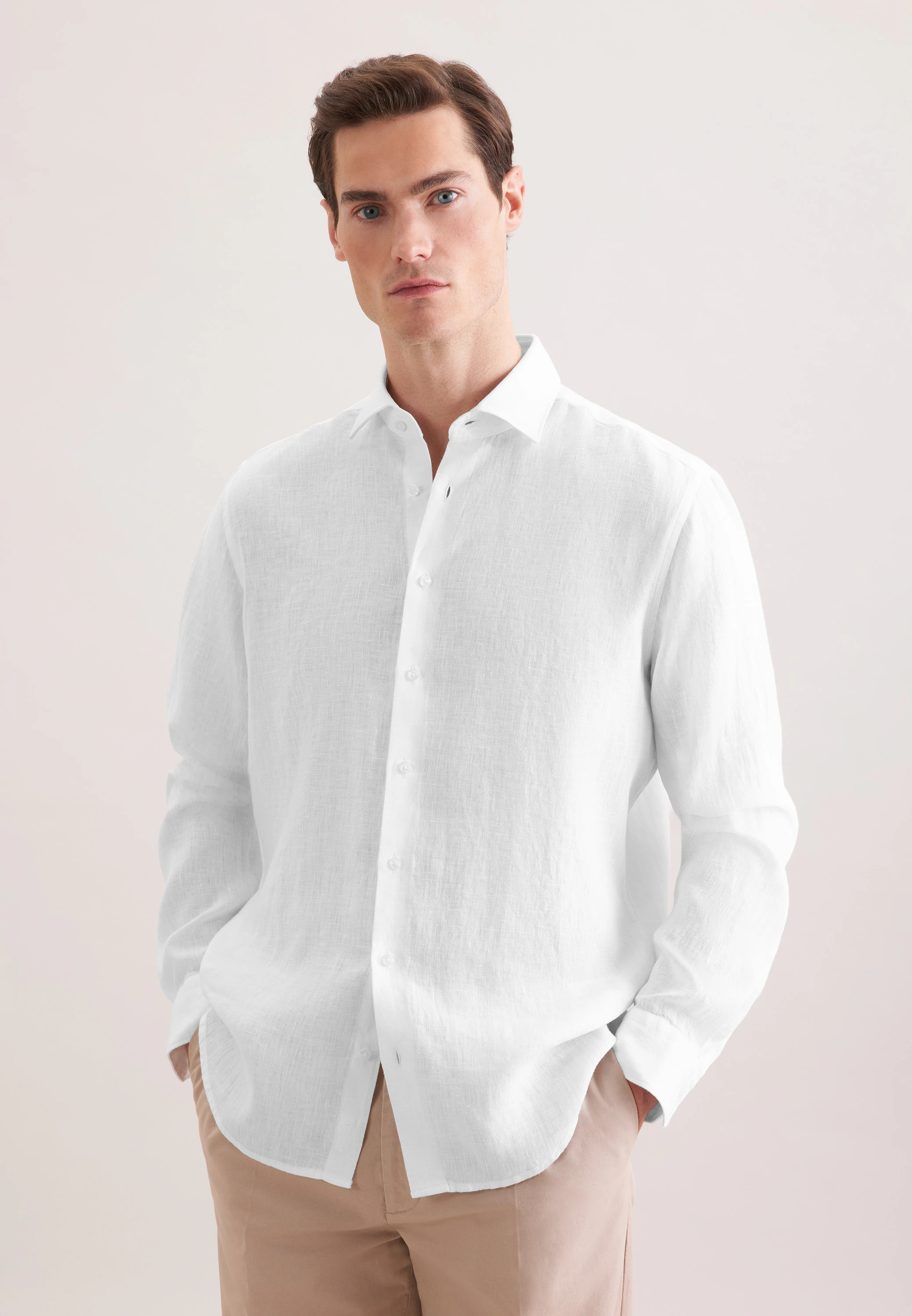 Regular Leinenhemd Uni Weiß