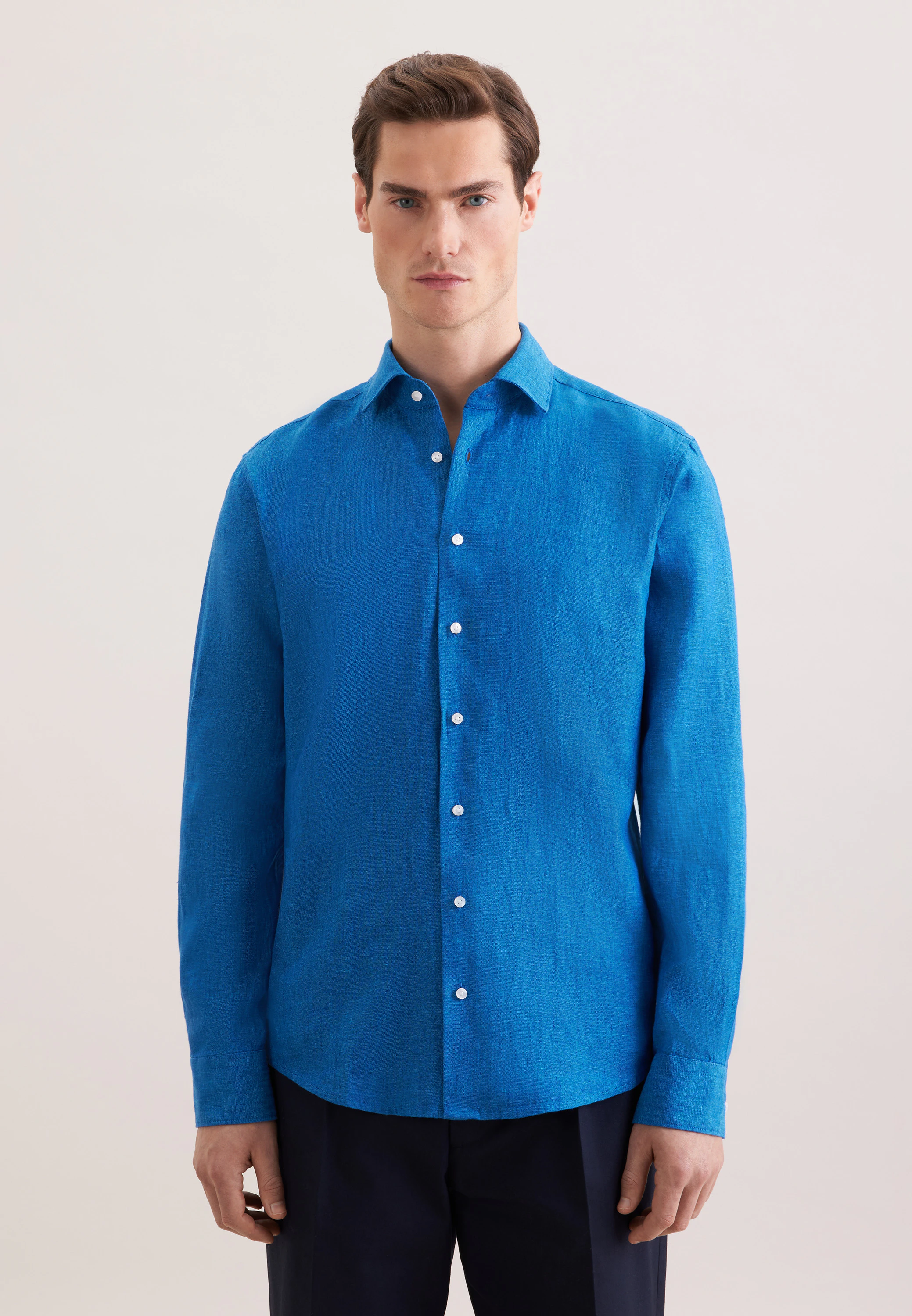 Regular Leinenhemd Uni Blau 42