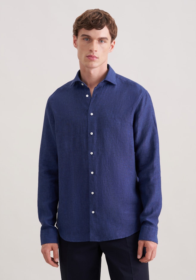 Regular Chemise en lin Uni dans Bleu Foncé | Boutique en ligne Seidensticker