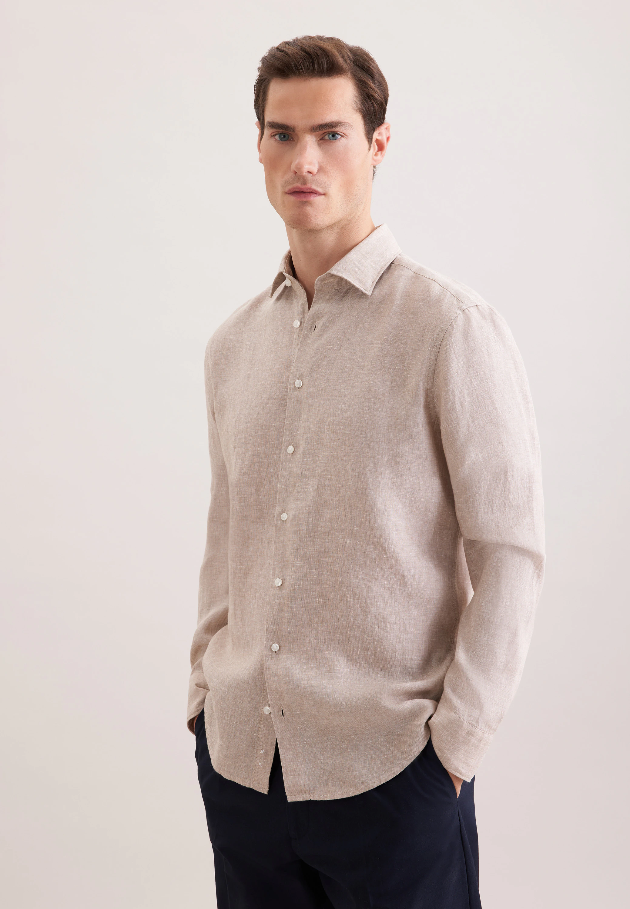 Regular Leinenhemd Uni Beige