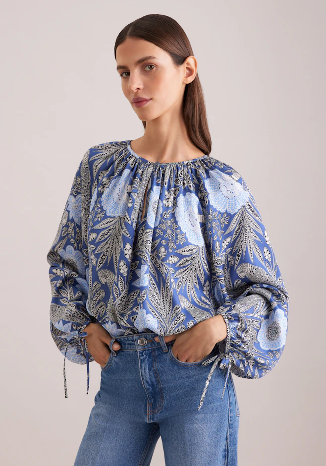 Satinierte Raglanbluse mit Schleifendetails in Mittelblau | Seidensticker Onlineshop