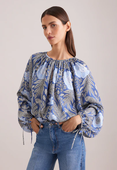 Satinierte Raglanbluse mit Schleifendetails in Mittelblau |  Seidensticker Onlineshop