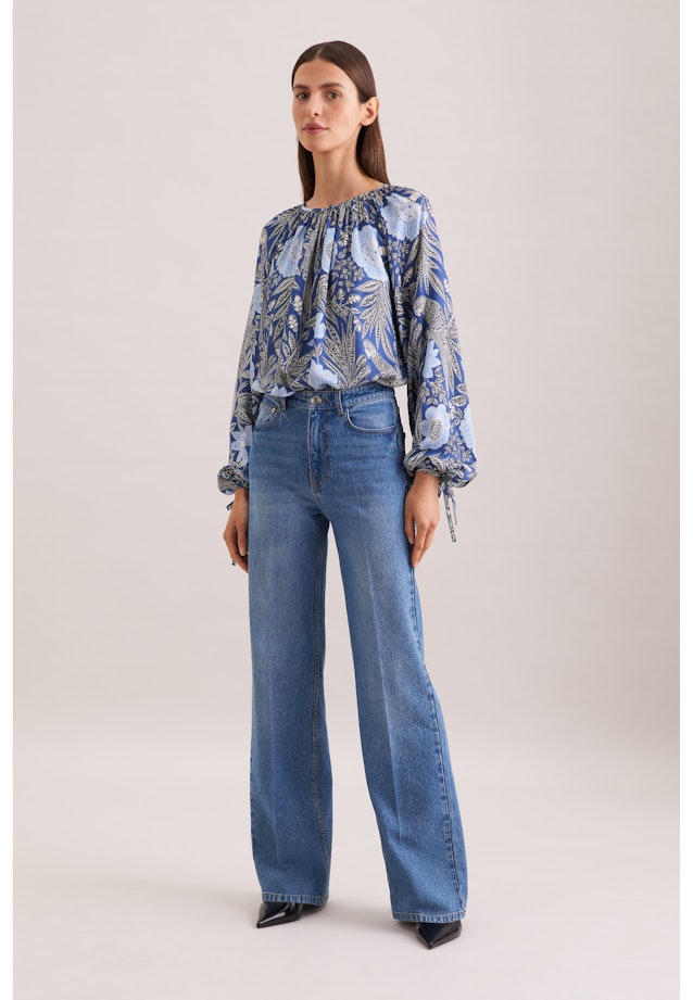 Satinierte Raglanbluse mit Schleifendetails in Mittelblau |  Seidensticker Onlineshop