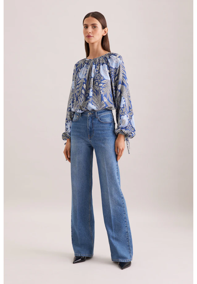 Satinierte Raglanbluse mit Schleifendetails in Mittelblau |  Seidensticker Onlineshop