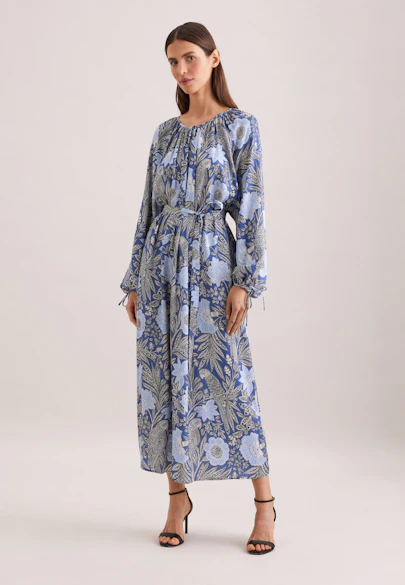 Satiniertes Raglankleid mit Schleifendetails und Taillengürtel in Mittelblau | Seidensticker Onlineshop