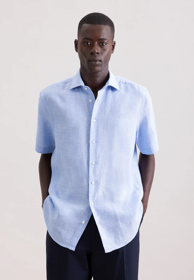 Regular Chemise en lin Uni in Bleu Moyen |  Seidensticker Onlineshop