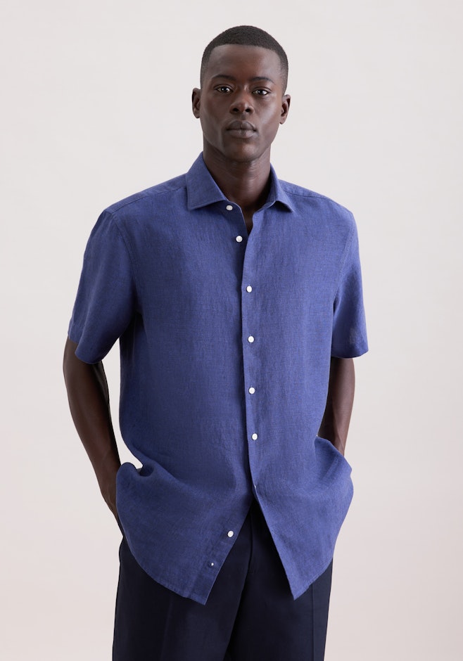 Regular Chemise en lin Uni dans Bleu Foncé | Boutique en ligne Seidensticker