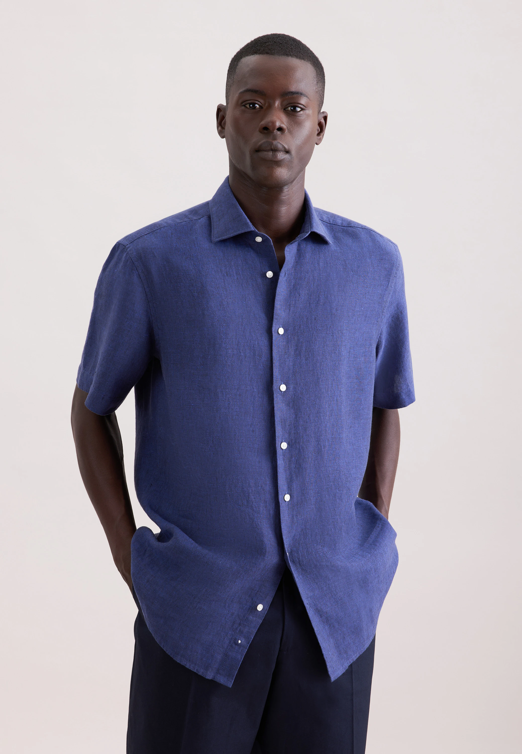 Regular Leinenhemd Uni Blau