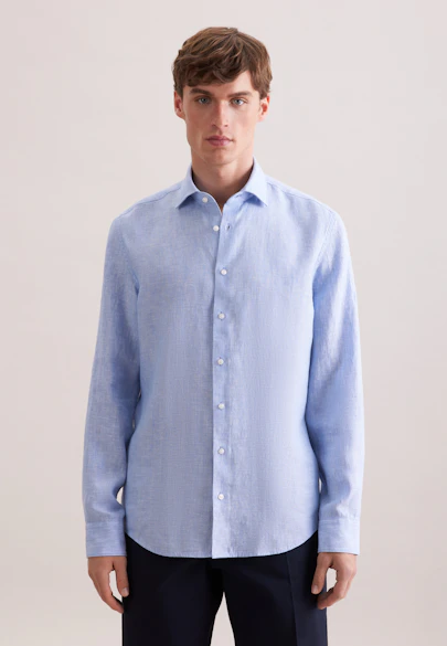 Shaped Linen shirt Uni in Mittelblau |  Seidensticker Onlineshop