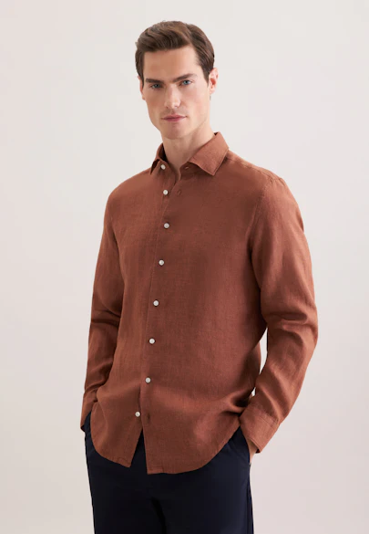 Shaped Linen shirt Uni in Braun |  Seidensticker Onlineshop