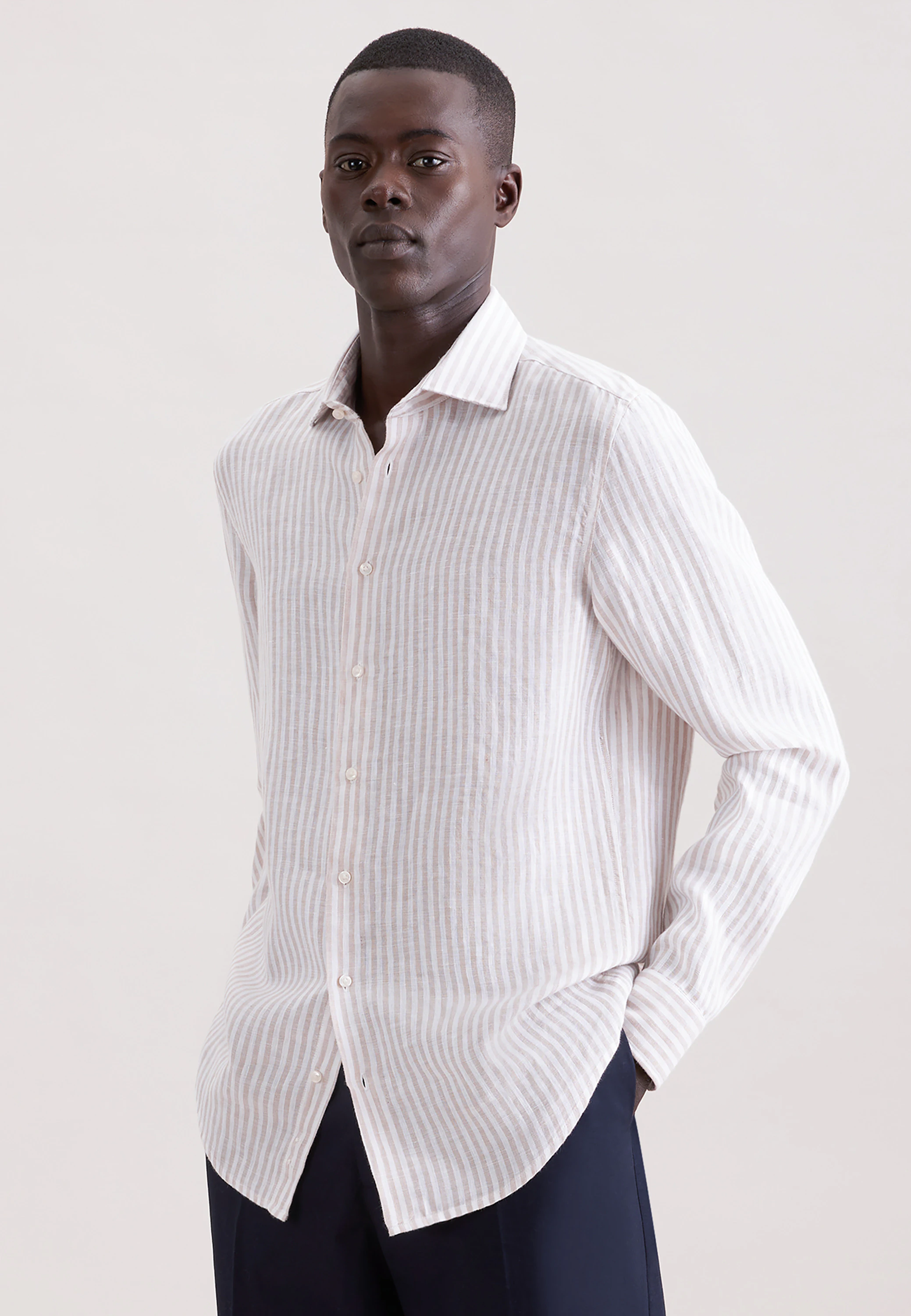 Slim Leinenhemd Gestreift Beige