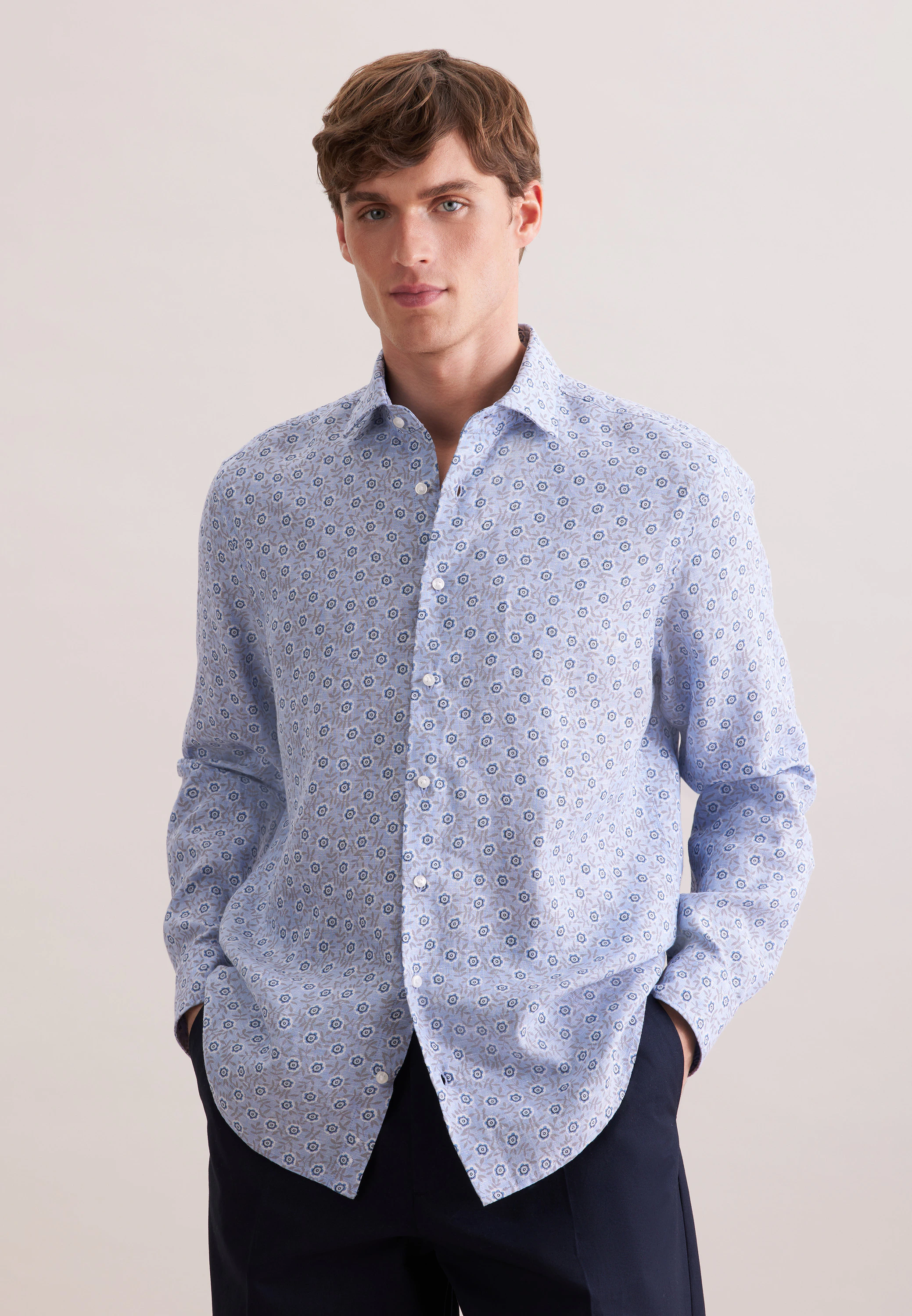 Regular Leinenhemd Druck Blau