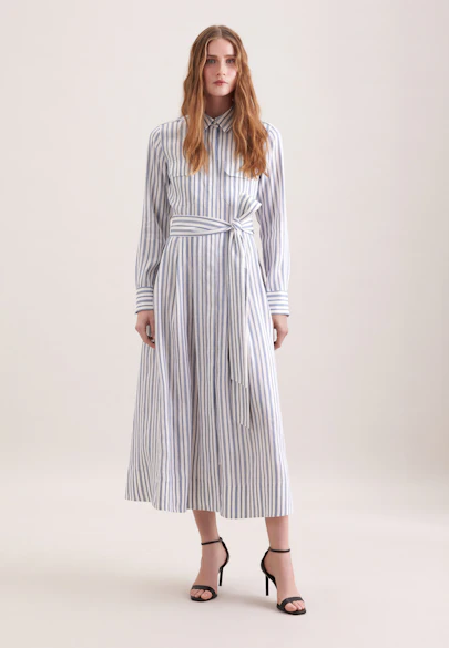 Weit schwingendes Hemdblusenkleid mit Bindgürtel aus Leinen Mix, slim in Mittelblau |  Seidensticker Onlineshop
