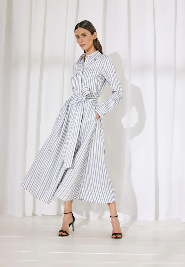 Wide-swinging shirt dress with linen belt mix, slim in Mittelblau |  Seidensticker Onlineshop