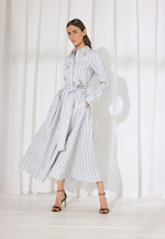 Wide-swinging shirt dress with linen belt mix, slim in Mittelblau |  Seidensticker Onlineshop