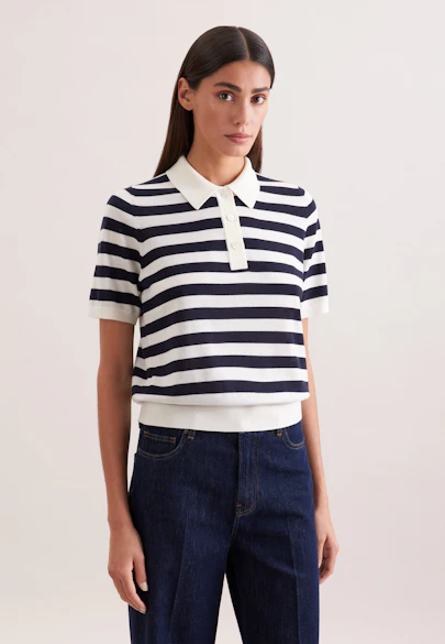 Fine knit polo shirt made of wool and silk, striped blue in Dunkelblau |  Seidensticker Onlineshop