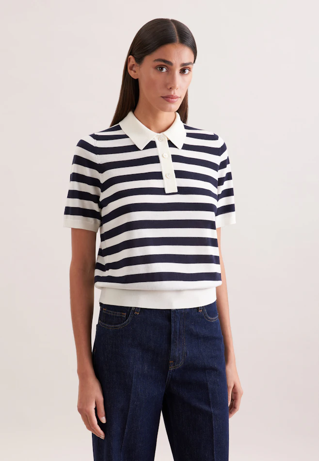 Feinstrick Poloshirt aus Wolle und Seide, Ringel Blau in Dunkelblau | Seidensticker Onlineshop