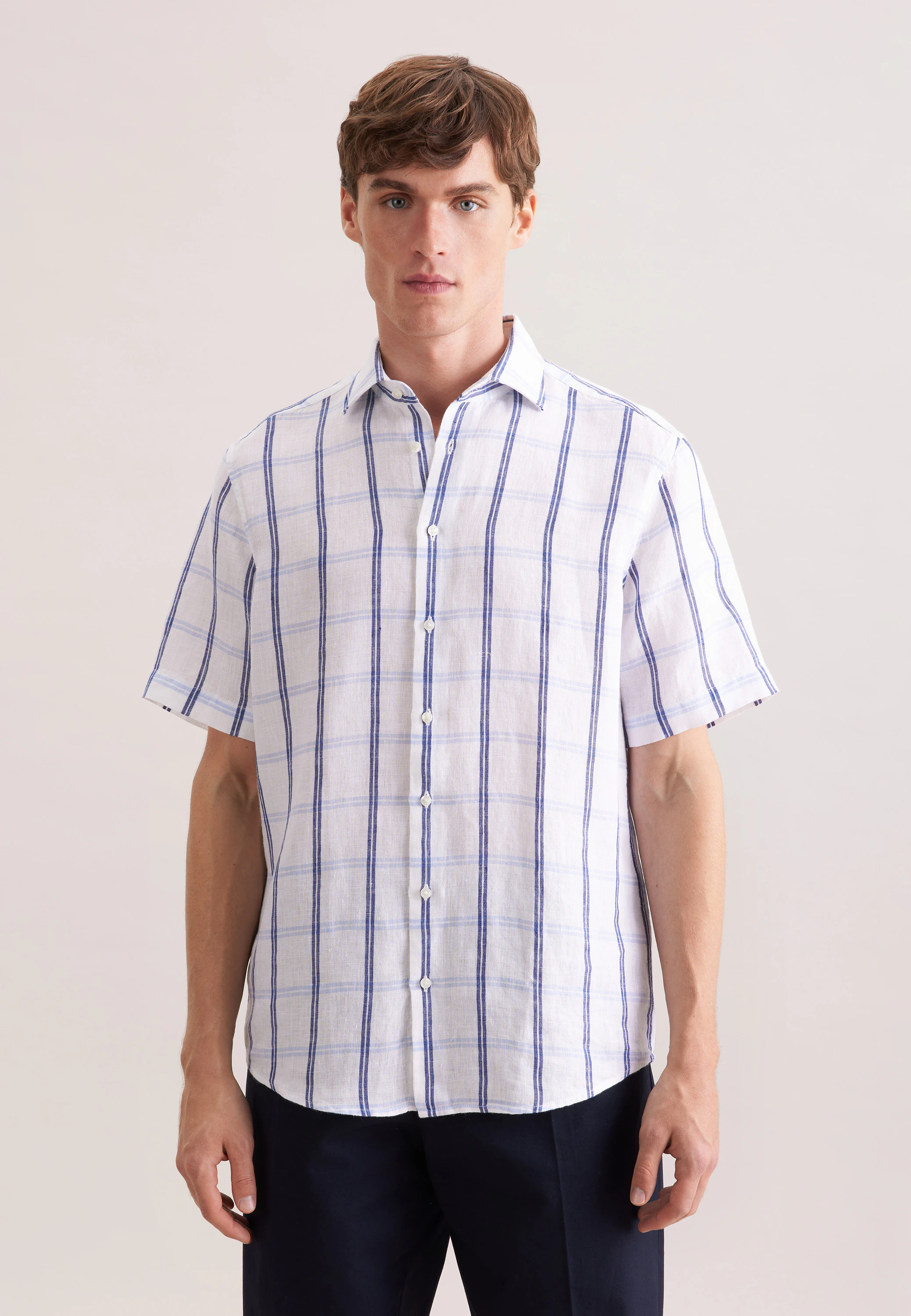 Regular Leinenhemd Karo Blau 43