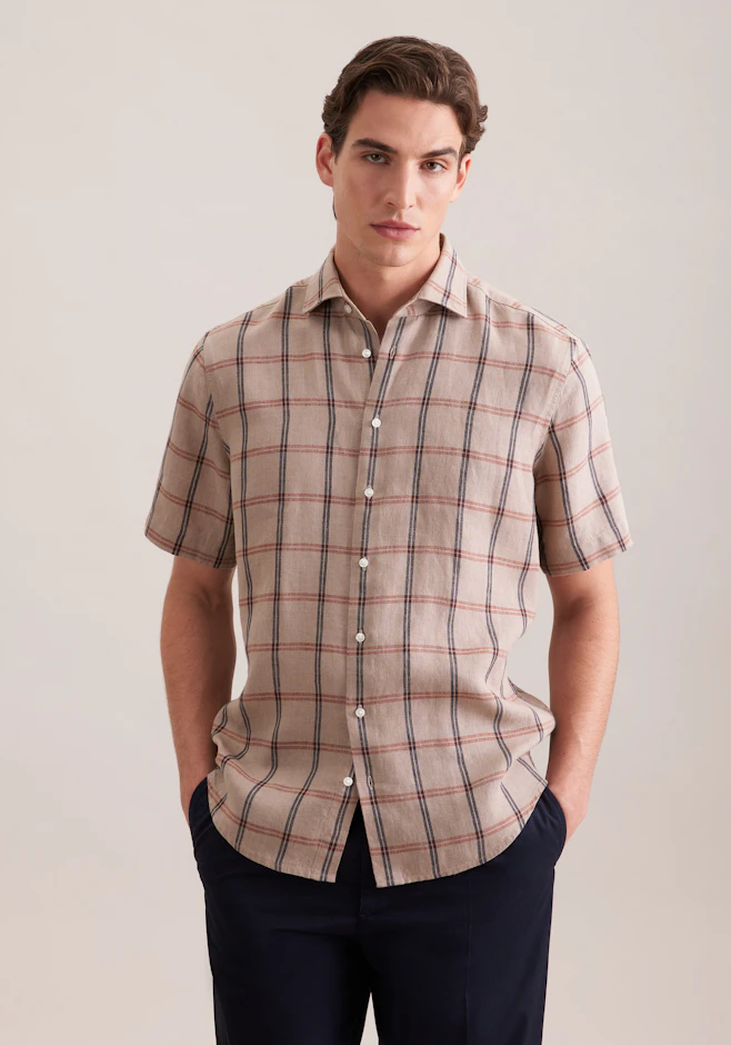 Regular Chemise en lin carreaux dans Beige | Boutique en ligne Seidensticker