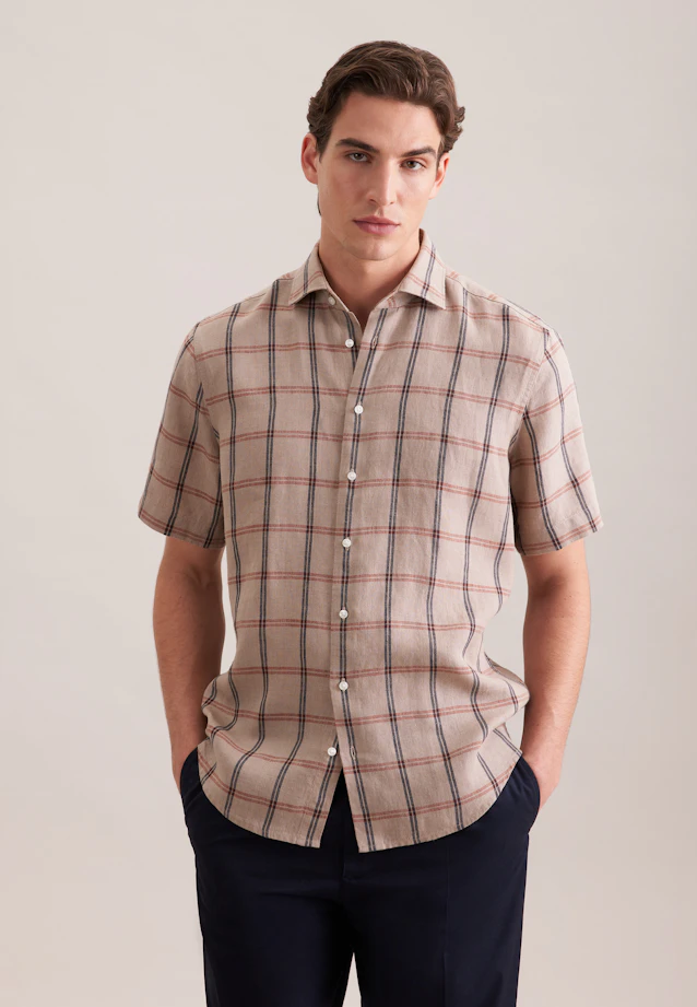 Regular Chemise en lin carreaux in Beige |  Seidensticker Onlineshop