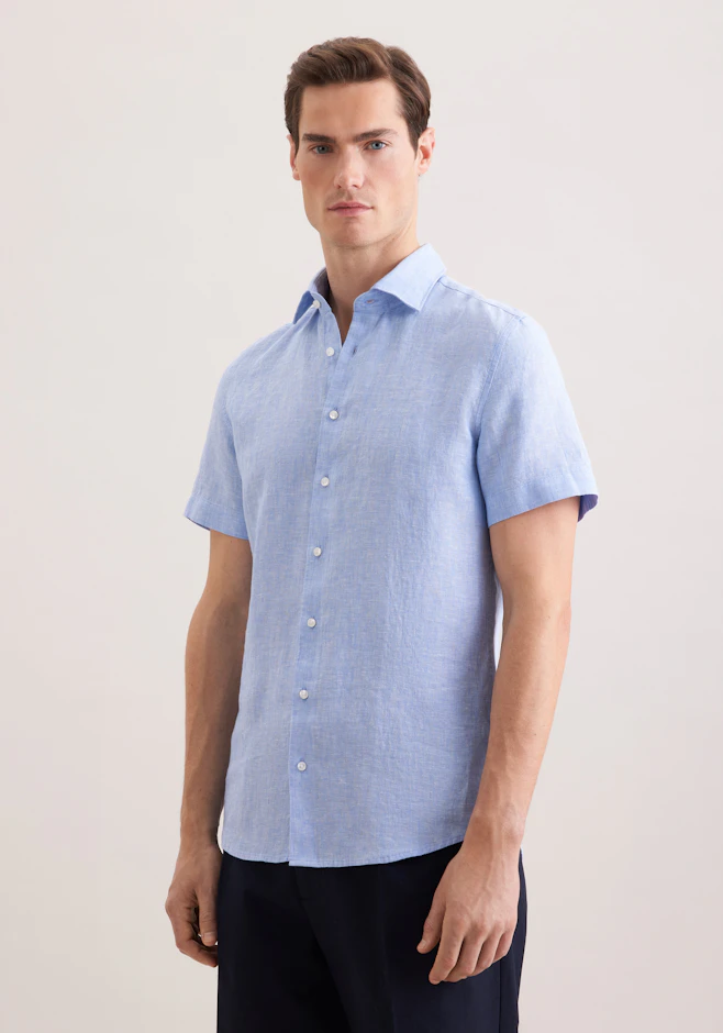 Slim Chemise en lin Uni dans Bleu Moyen | Boutique en ligne Seidensticker