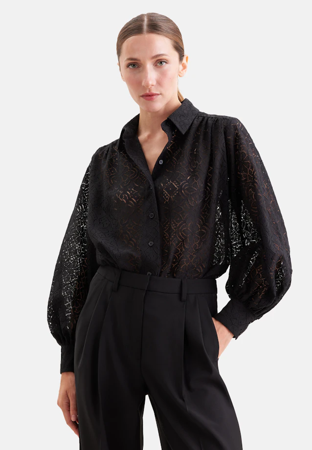Hemdbluse aus Spitze mit Volumenärmel aus Baumwoll Mix in Schwarz |  Seidensticker Onlineshop