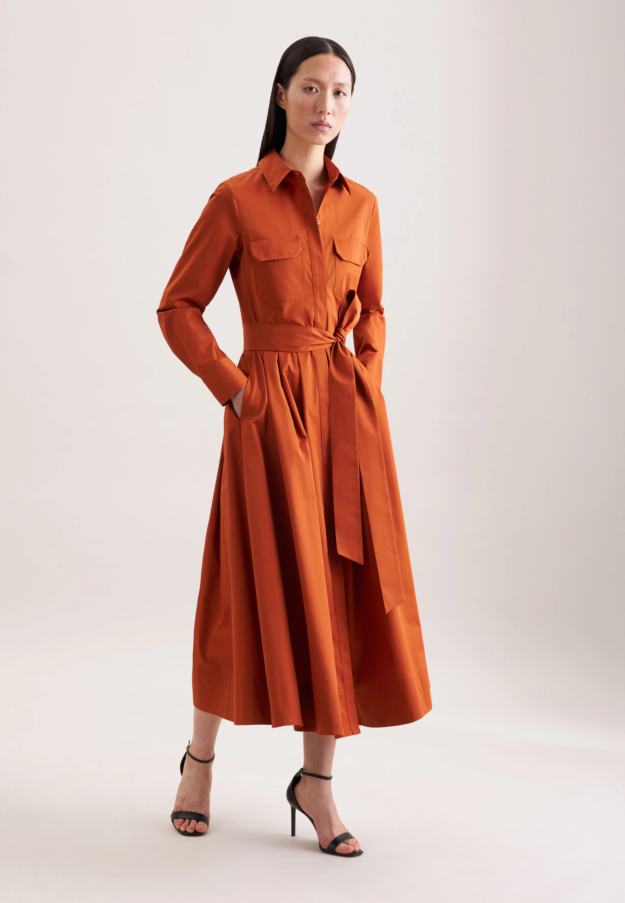 Weit schwingendes Hemdblusenkleid aus Baumwoll Twill, slim Orange 42