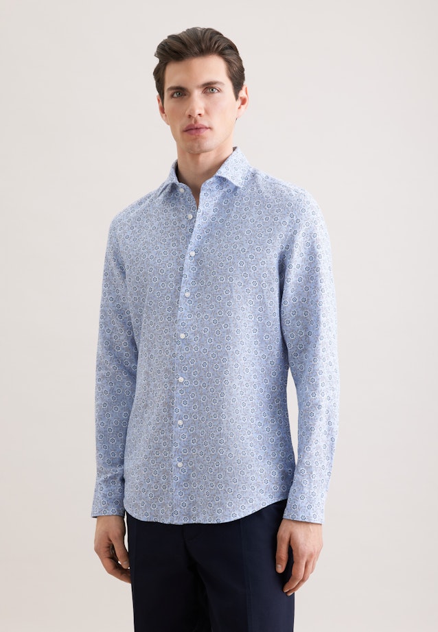 Slim Linen shirt Print in Mittelblau |  Seidensticker Onlineshop