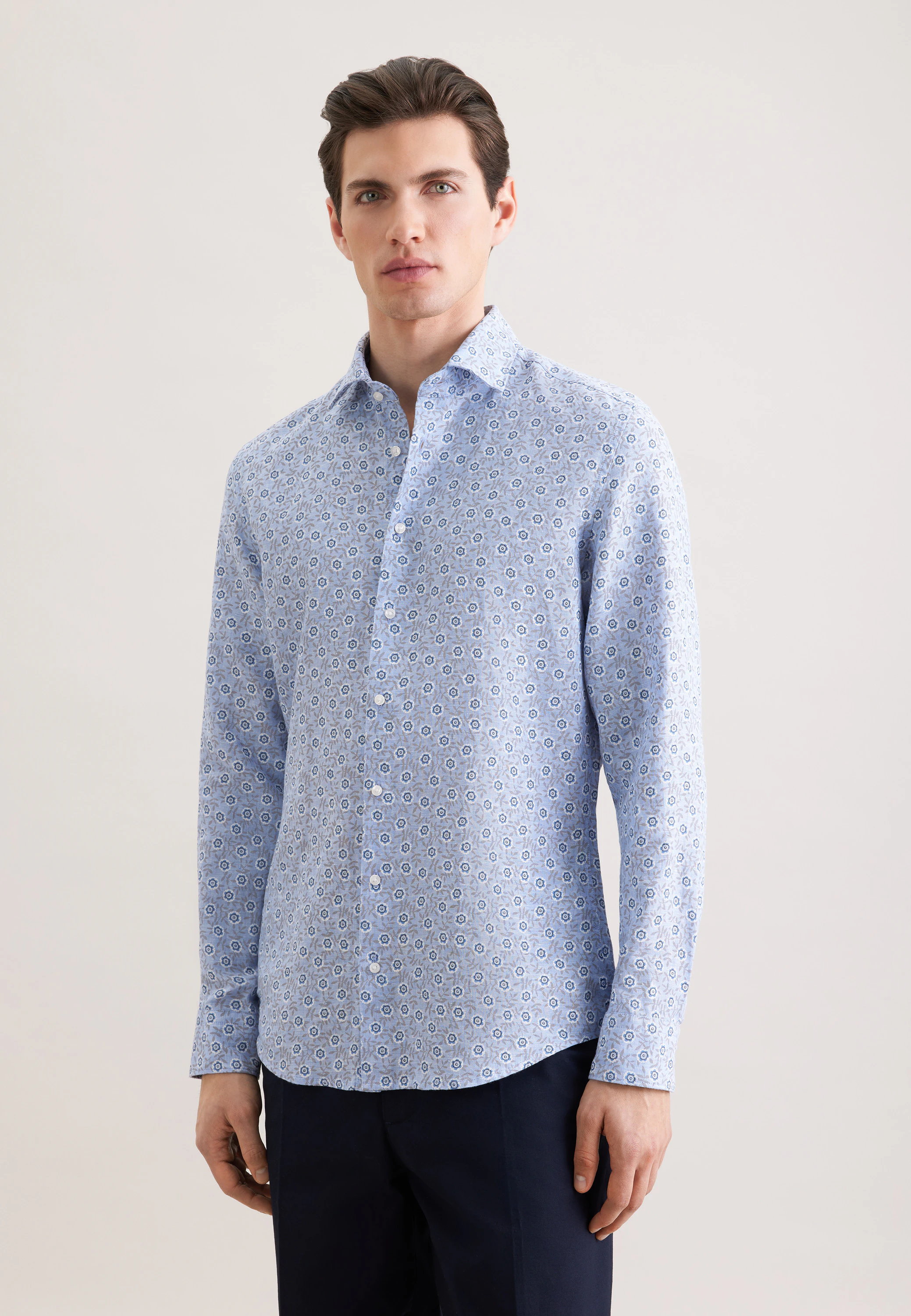 Slim Leinenhemd Druck Blau 44