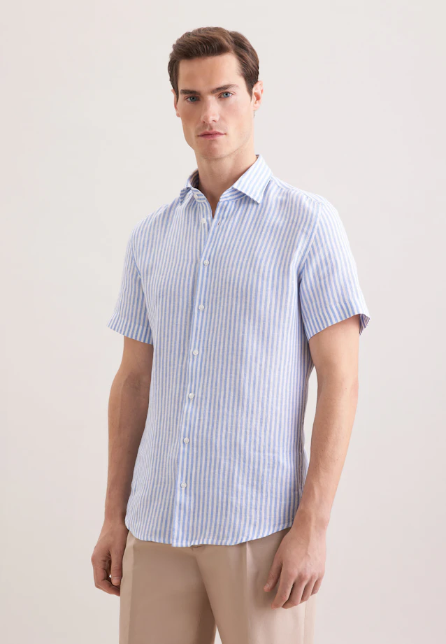 Shaped Linen shirt Stripes in Mittelblau |  Seidensticker Onlineshop