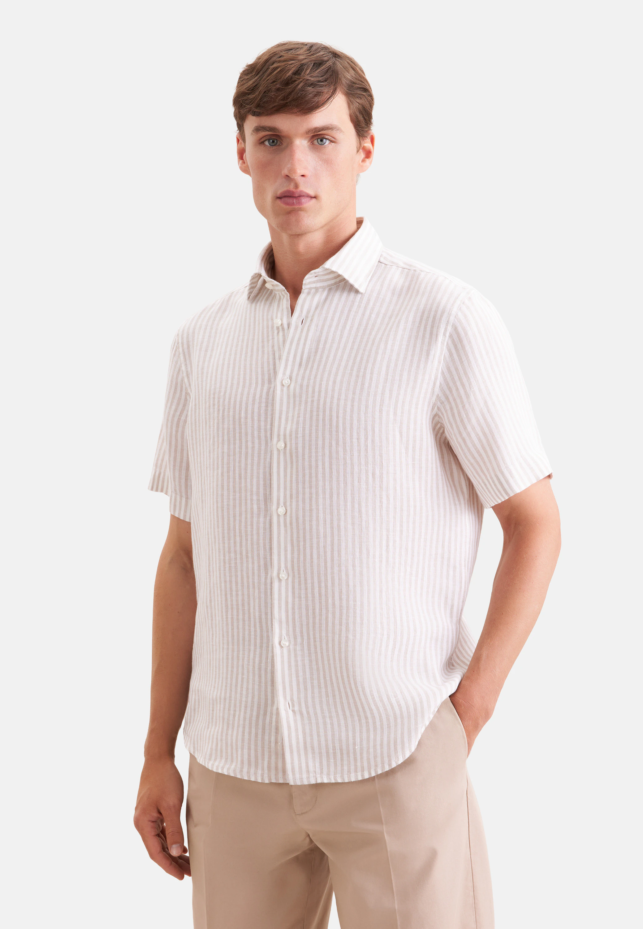 Shaped Leinenhemd Gestreift Beige 45