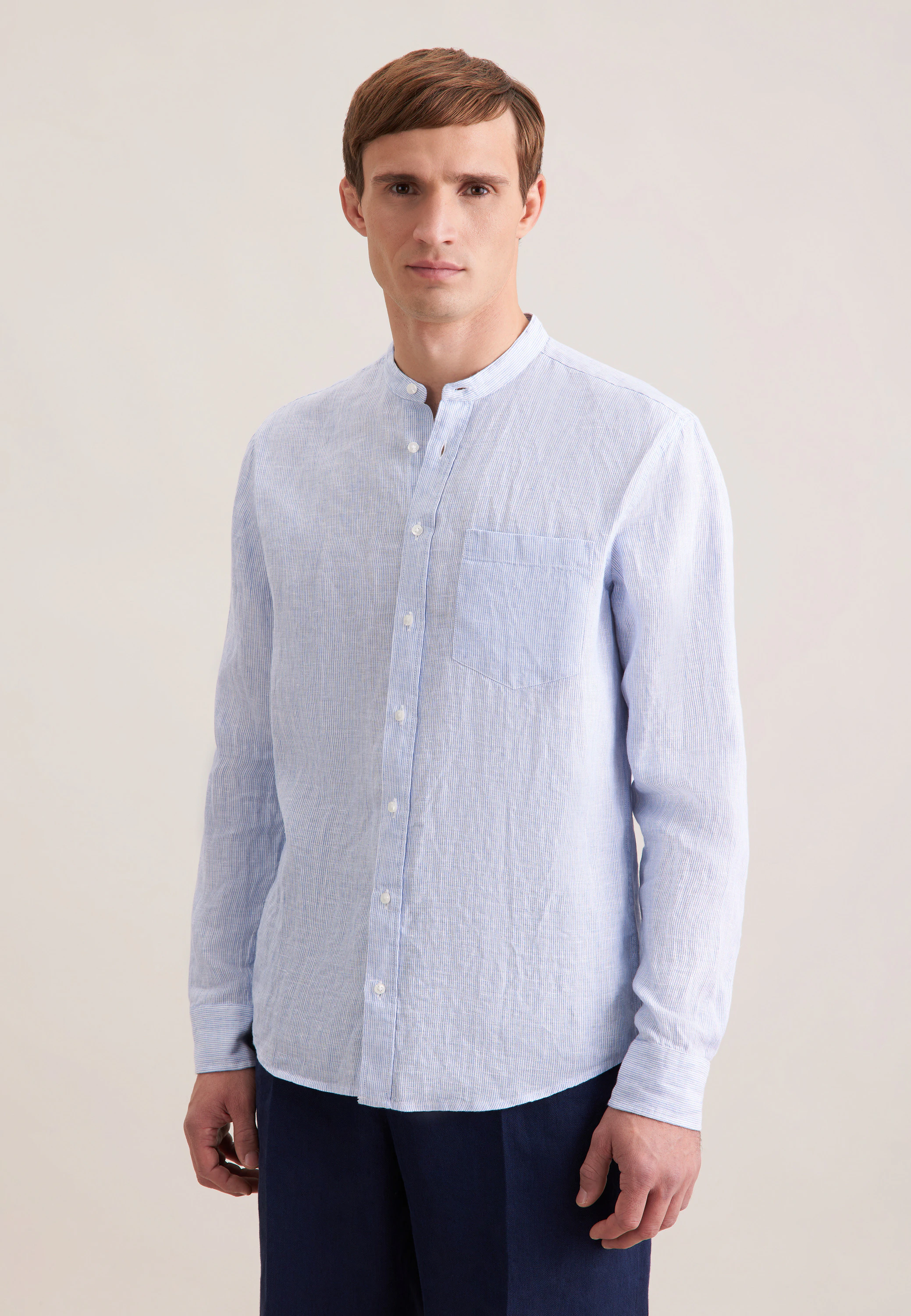 Regular Leinenhemd Gestreift Blau