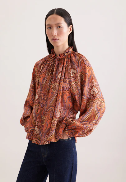 Satinierte Rüschenbluse mit Bindeband in Orange |  Seidensticker Onlineshop