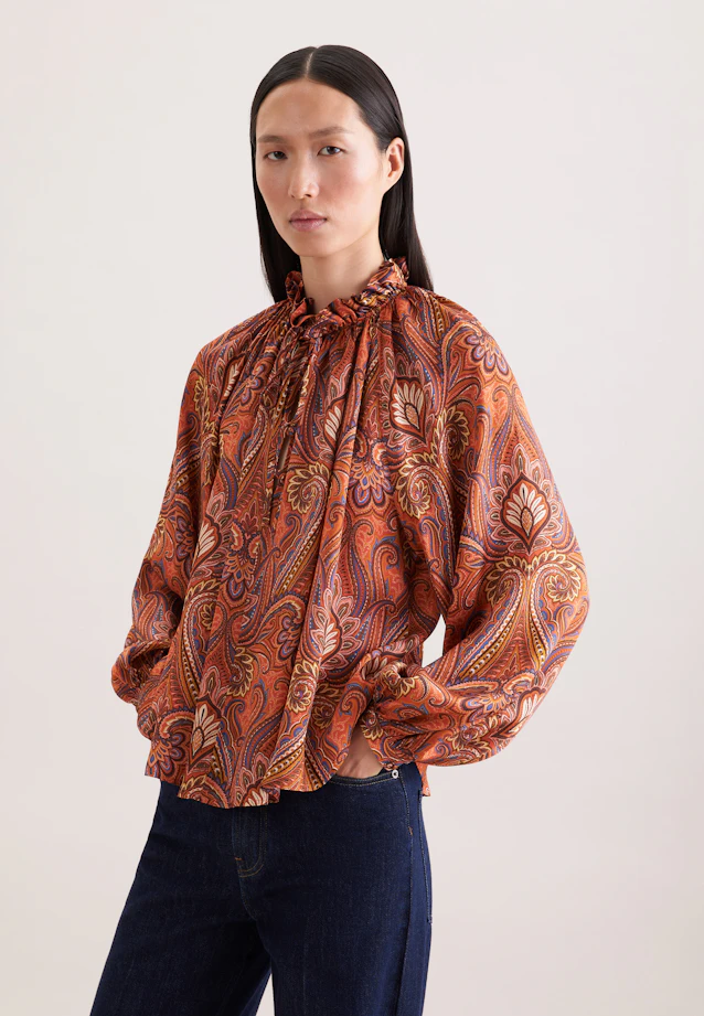 Satinierte Rüschenbluse mit Bindeband in Orange |  Seidensticker Onlineshop