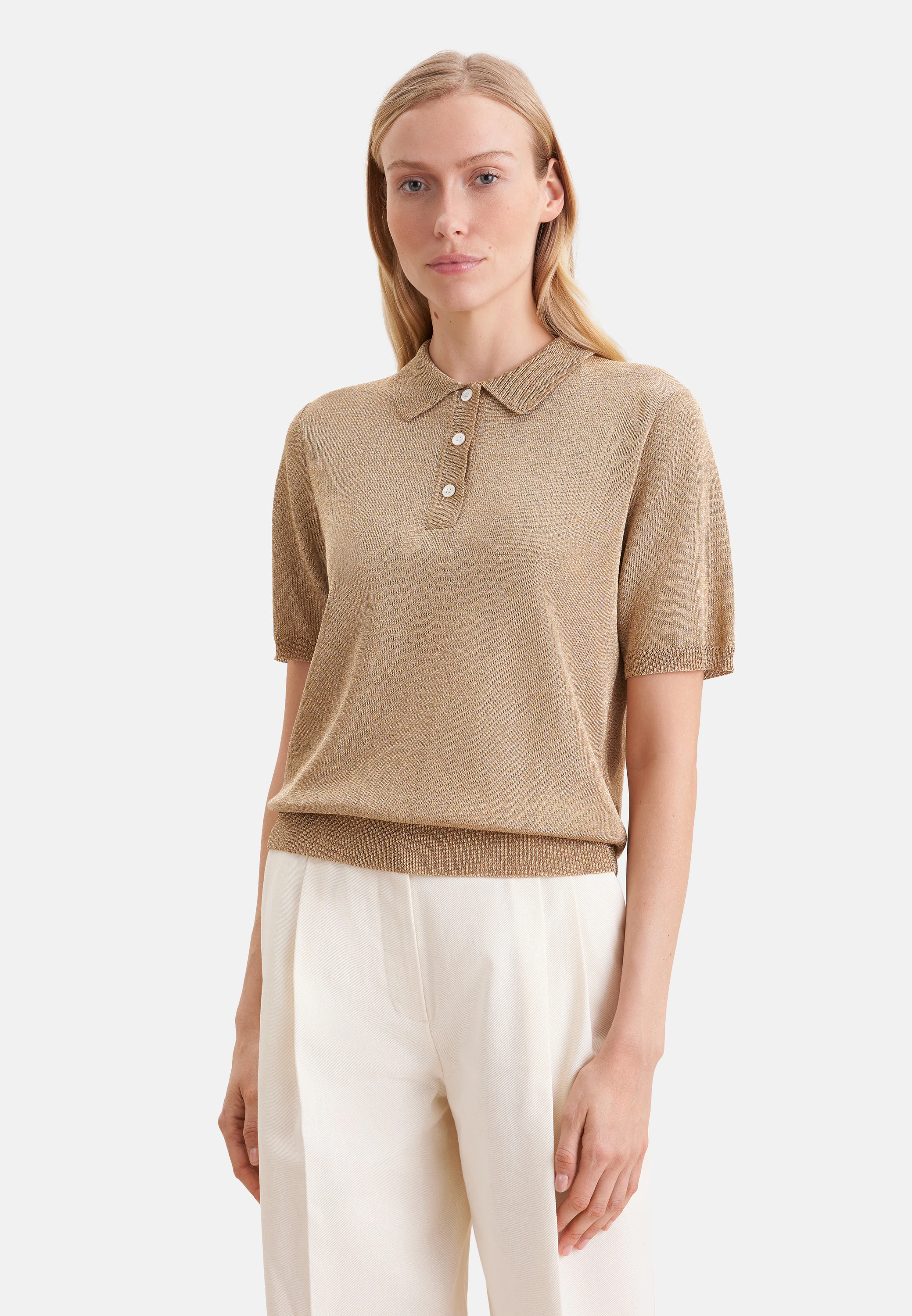 Feinstrick Poloshirt aus Metallic Garn