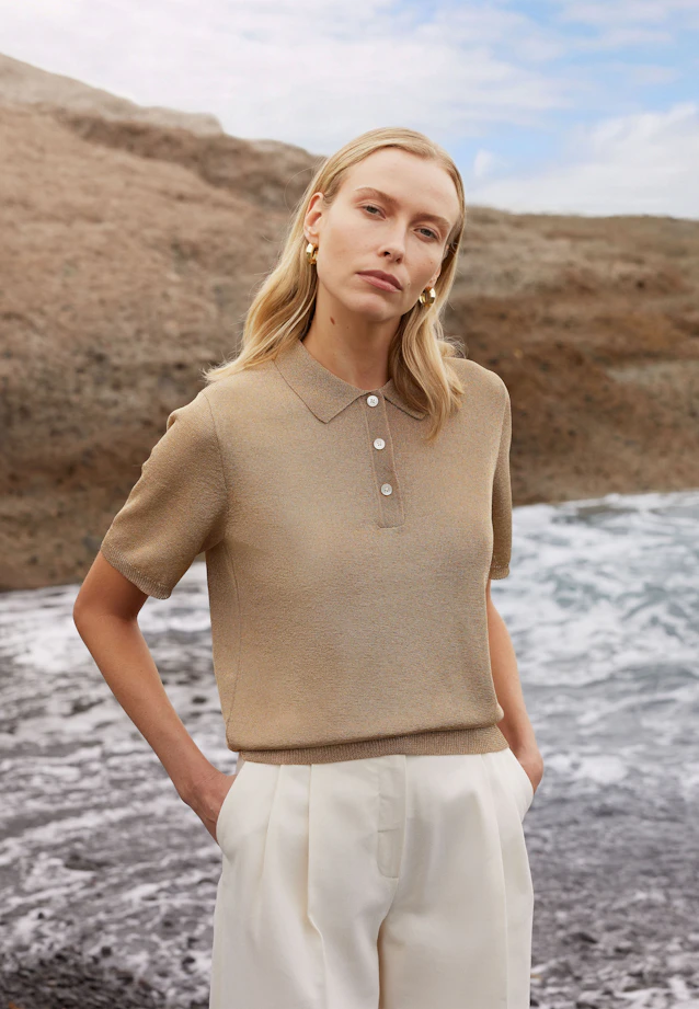 Feinstrick Poloshirt aus Metallic Garn in Gold |  Seidensticker Onlineshop