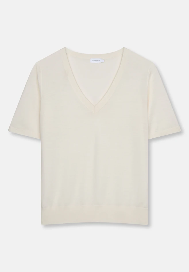 Pull fin en tricot à col en V en laine et soie dans Blanc | Boutique en ligne Seidensticker