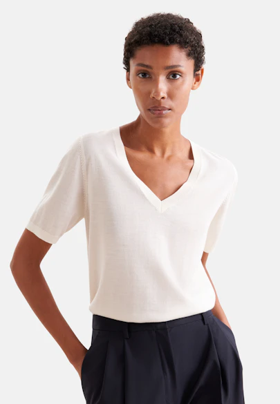 Pull fin en tricot à col en V en laine et soie in Blanc |  Seidensticker Onlineshop