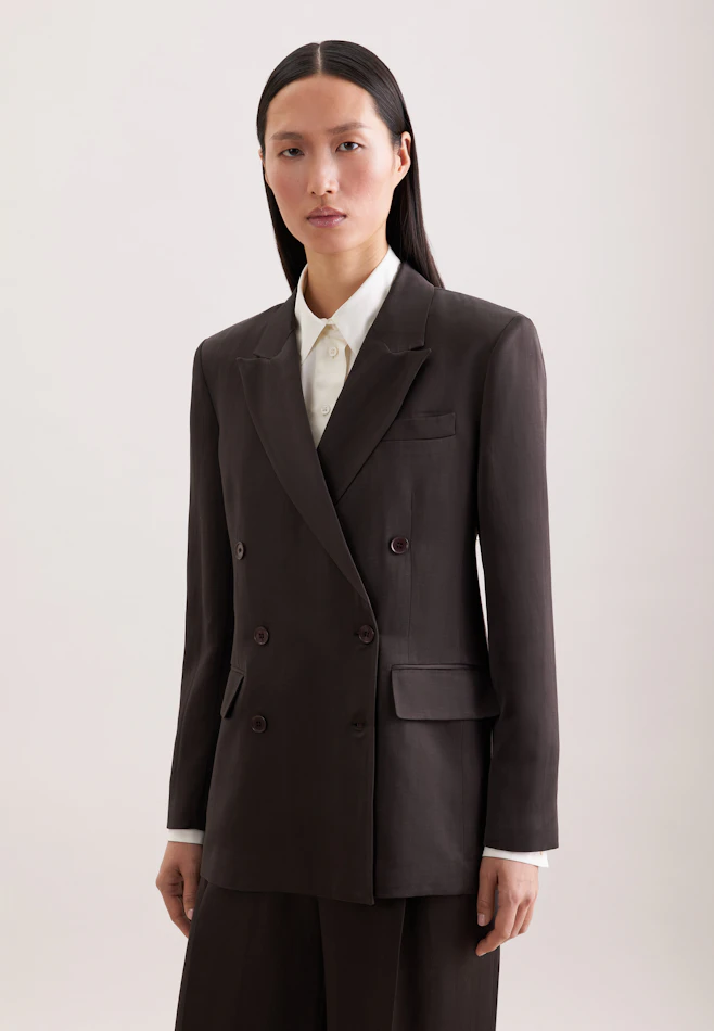 Satinierter zweireihiger Blazer mit Pattentaschen aus Leinen Mix in Braun | Seidensticker Onlineshop