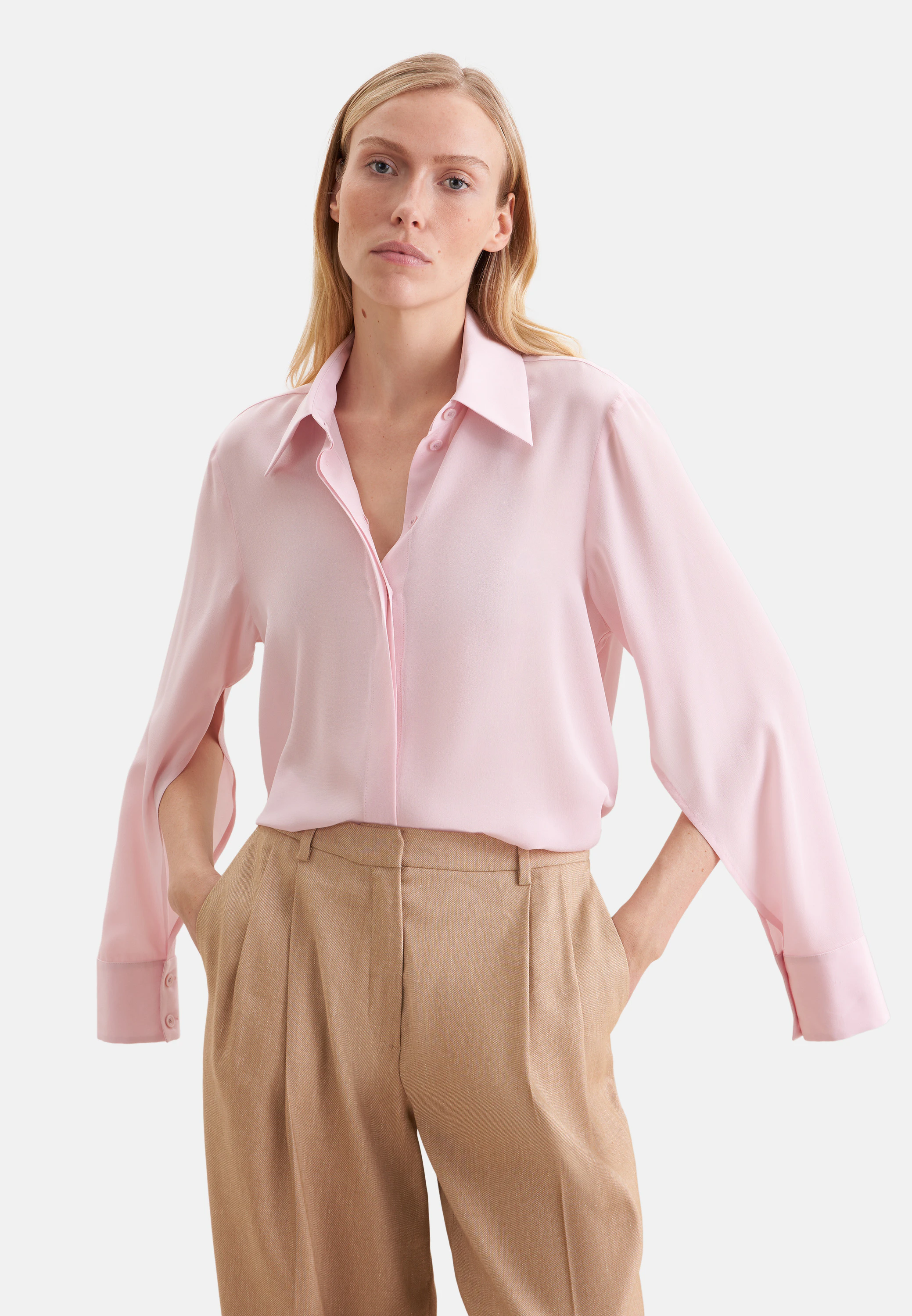 Hemdbluse mit hohen Ärmelschlitzen aus 100% Seide Rosa/Pink 44