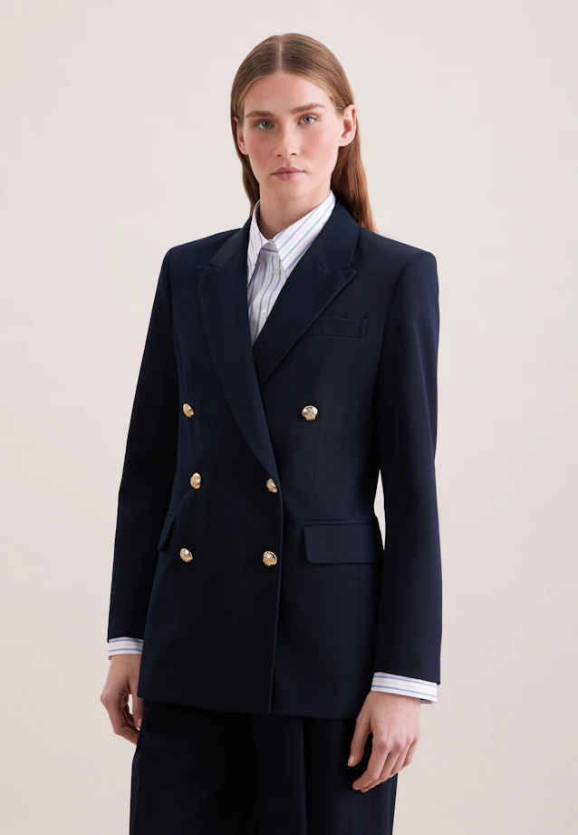 Zweireihiger Blazer mit Pattentaschen aus Baumwolltwill in Dunkelblau |  Seidensticker Onlineshop