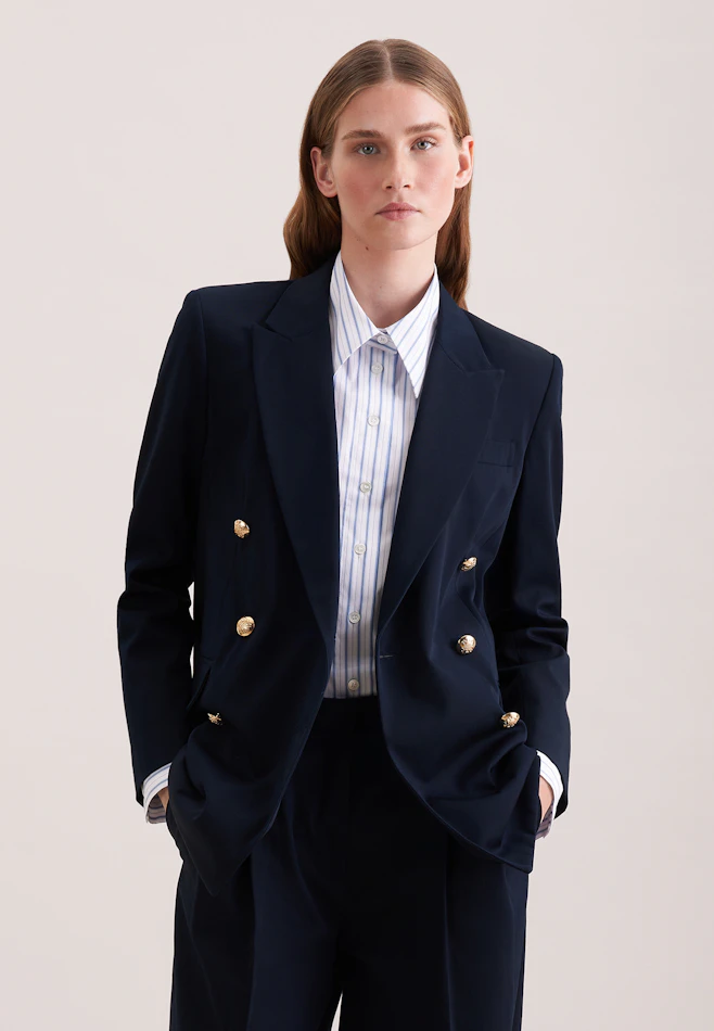 Zweireihiger Blazer mit Pattentaschen aus Baumwolltwill in Dunkelblau | Seidensticker Onlineshop
