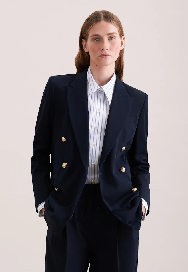 Zweireihiger Blazer mit Pattentaschen aus Baumwolltwill in Dunkelblau | Seidensticker Onlineshop