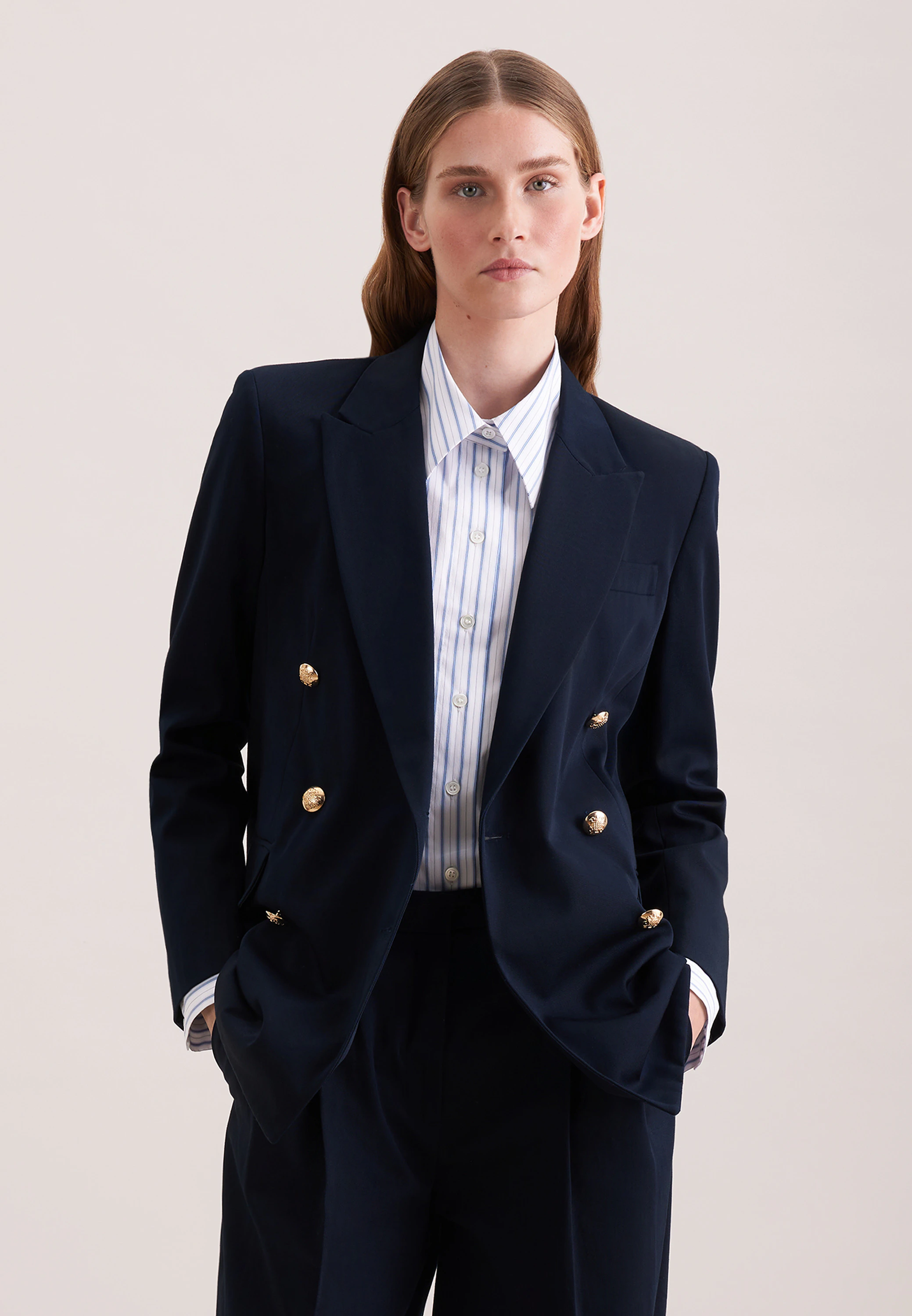 Zweireihiger Blazer mit Pattentaschen aus Baumwolltwill Blau 44