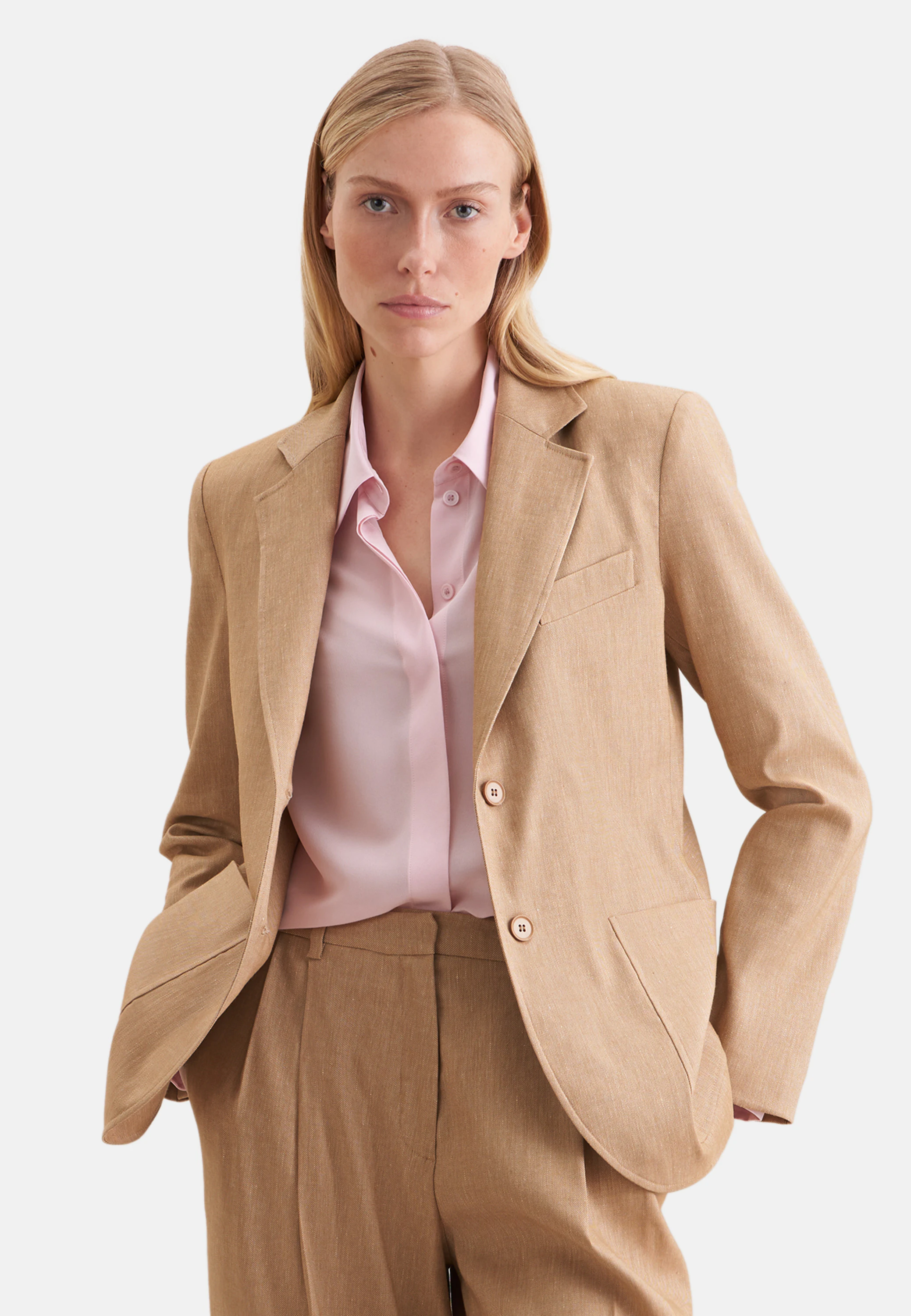 Zweiknopf Twill Blazer aus Leinen Mix Beige 38