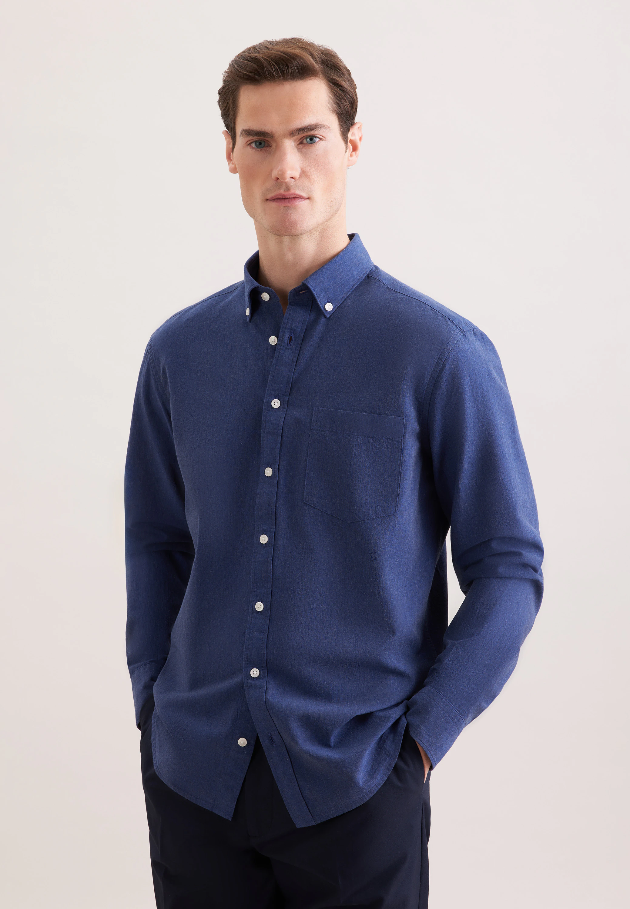 Regular Leinenhemd Uni Blau 48