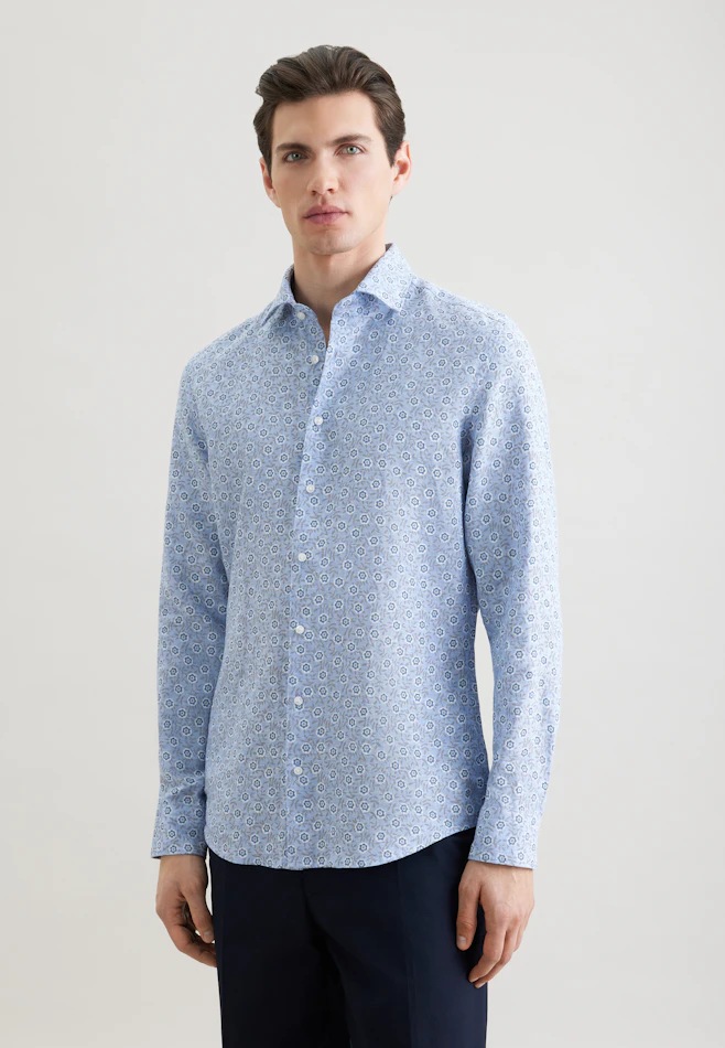 Shaped Linen shirt Print in Mittelblau | Seidensticker online shop